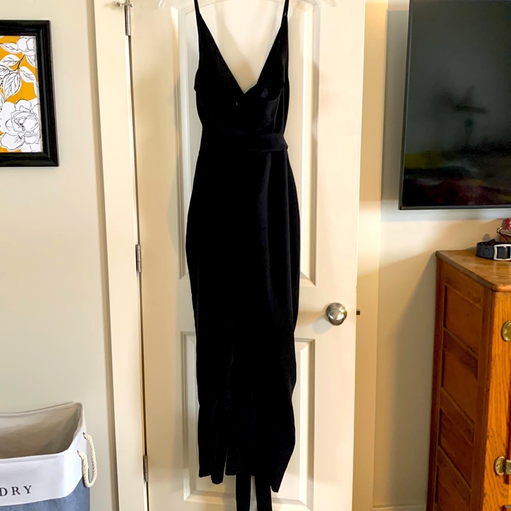 ASOS Fancy black pants jumpsuit with skinny straps and long waist tie